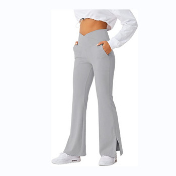 SALSPOR V Waist Fitness Flared Legging Solid Cross Waist Pocket Hem Slit Butt Lift Slim Trousers Legging For Women