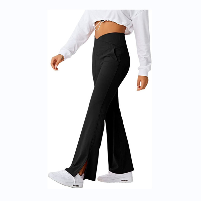 SALSPOR V Waist Fitness Flared Legging Solid Cross Waist Pocket Hem Slit Butt Lift Slim Trousers Legging For Women