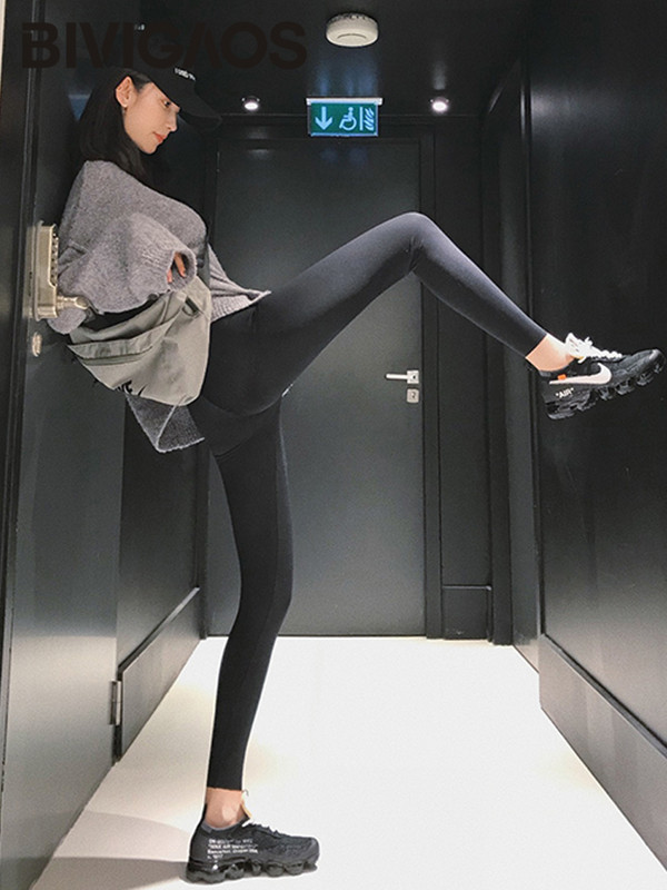 BIVIGAOS jauni sieviešu haizivīdas melni legingi, tievi treniņi, izstiepti, seksīgi fitnesa legingi, tievās kājas tievēšanas sporta legingi