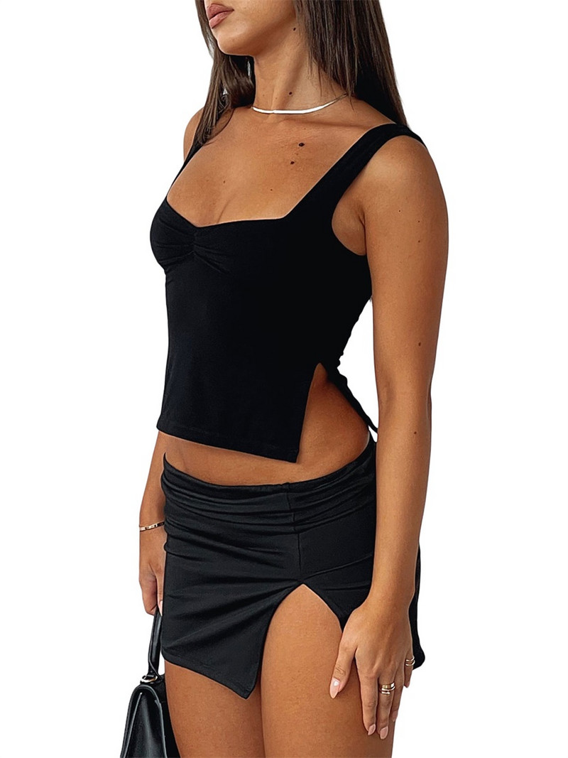 Дамски секси летни потници Y2K без ръкави, едноцветни реколта основни горнища Ежедневни плисирани камизолени горнища със странична цепка Мини жилетка