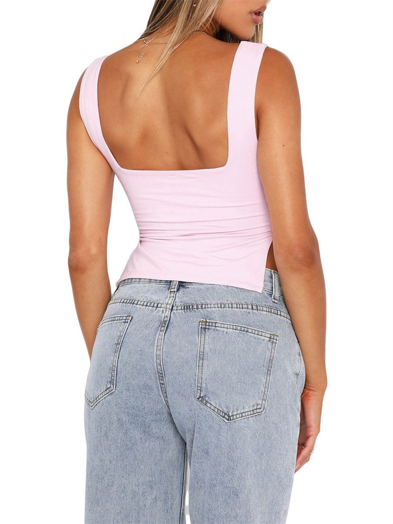 Дамски секси летни потници Y2K без ръкави, едноцветни реколта основни горнища Ежедневни плисирани камизолени горнища със странична цепка Мини жилетка