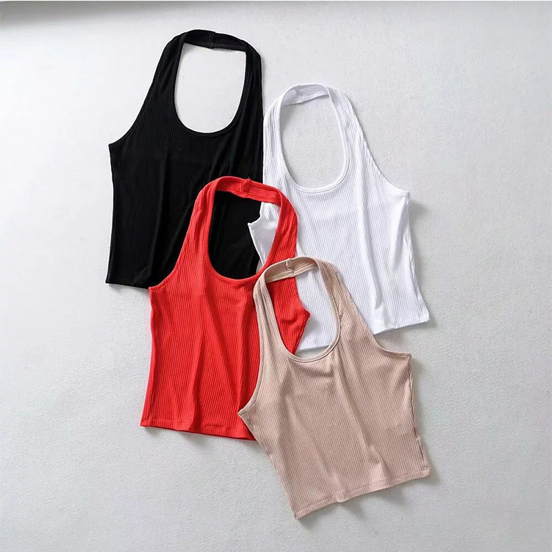 Дамски рипсен кратък топ с потник с халтер Дамски летни ретро ками без ръкави от 90-те Cool Girls Streetwear Зелени меки тениски