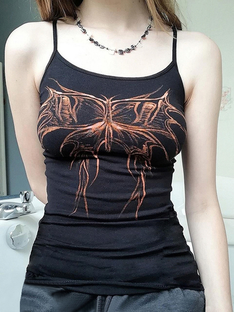 Dourbesty sieviešu 90. gadu estētisks vintage Crop Cami Top bezpiedurkņu grafiskais apdruka Fairy Grunge Tank Vest E-Girl Camisole Streetwear