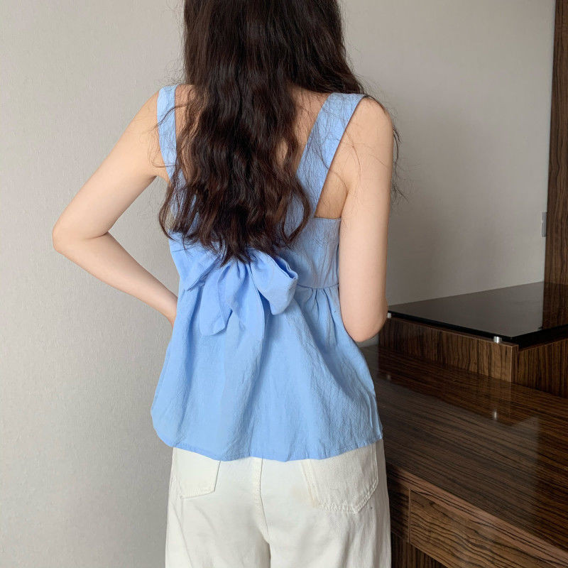 Tanks Sieviešu Krāsains Moderns Sexy Korejiešu Kvadrātveida apkakle Eleganta Loks bez aizmugures Brīvi Ielu apģērbi Šiki Japānas Topi Sieviešu Mujer Vasara