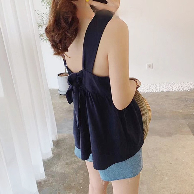 Tanks Sieviešu Krāsains Moderns Sexy Korejiešu Kvadrātveida apkakle Eleganta Loks bez aizmugures Brīvi Ielu apģērbi Šiki Japānas Topi Sieviešu Mujer Vasara