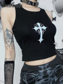 InsGoth Cross Print Tank Top Goth Street Punk Αμάνικο Γυναικείο Crop Top Mall Y2K Hip Hop Cyberpunk Grudge Aesthetic E Girl Camis