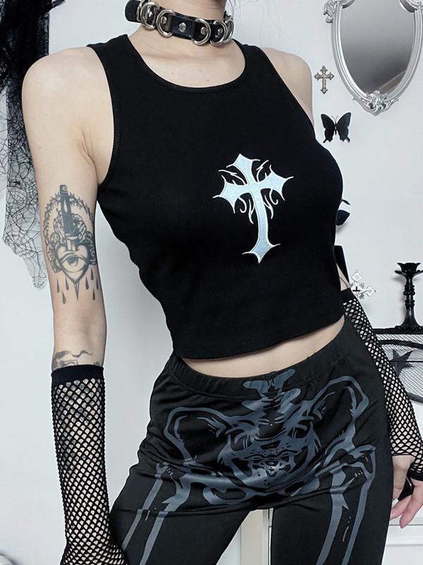 InsGoth Потник с кръстосани щампи Goth Street Punk Sleeveless Women Crop Top Mall Y2K Hip Hop Cyberpunk Grudge Aesthetic E Girl Camis