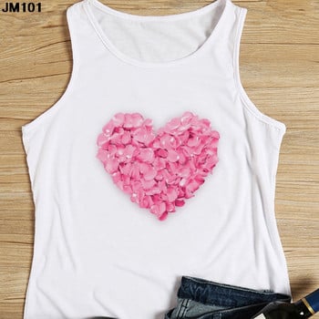 Μόδα αμάνικο μπλουζάκι Heart Flower Printed Γυναικεία καμισέλα Harajuku Casual Λευκό Γιλέκο Καλοκαιρινό Γυναικείο Love Γραφικά μπλουζάκια