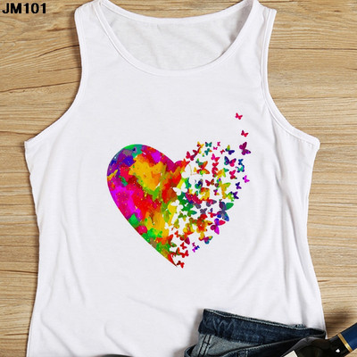 Μόδα αμάνικο μπλουζάκι Heart Flower Printed Γυναικεία καμισέλα Harajuku Casual Λευκό Γιλέκο Καλοκαιρινό Γυναικείο Love Γραφικά μπλουζάκια
