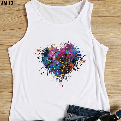 Μόδα αμάνικο μπλουζάκι Heart Flower Printed Γυναικεία καμισέλα Harajuku Casual Λευκό Γιλέκο Καλοκαιρινό Γυναικείο Love Γραφικά μπλουζάκια