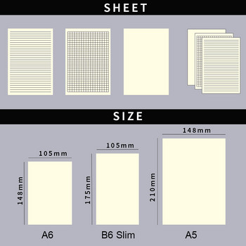 Висококачествена вложка за пълнители за дневници за A5, A6, размер на тетрадка, корица, решетка, празна, 100 g хартия, дневник, хартиен материал