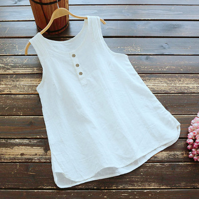 Βαμβακερά λινά ρεζερβουάρ Plus Size Top καλοκαιρινά γυναικεία φανελάκια Vintage μονόχρωμα μπλουζάκια με κουμπιά Αμάνικο γυναικείο φανελάκι