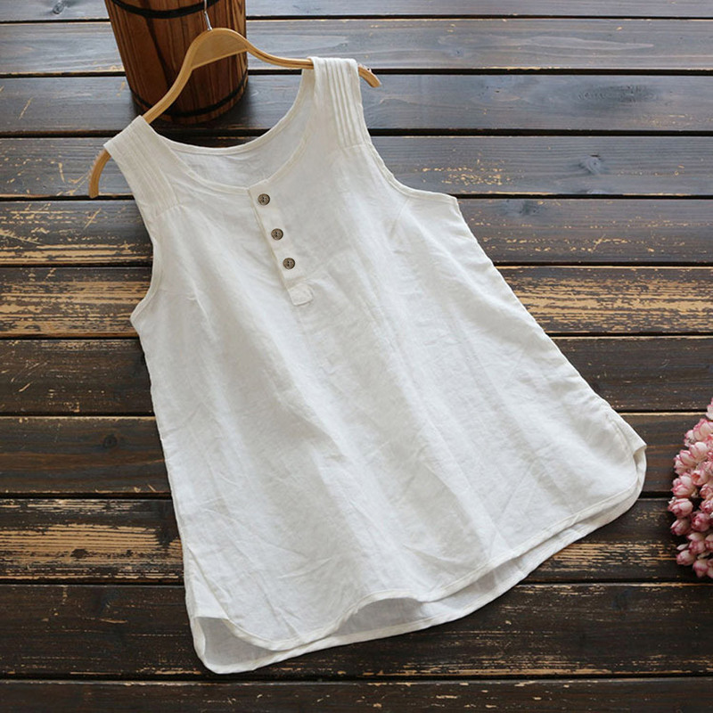 Liela izmēra kokvilnas lina topi vasaras sieviešu vestu topi Vintage cieti brīvi tees apģērbi, pogas bez piedurknēm, sieviešu bikses