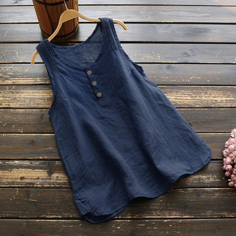 Liela izmēra kokvilnas lina topi vasaras sieviešu vestu topi Vintage cieti brīvi tees apģērbi, pogas bez piedurknēm, sieviešu bikses