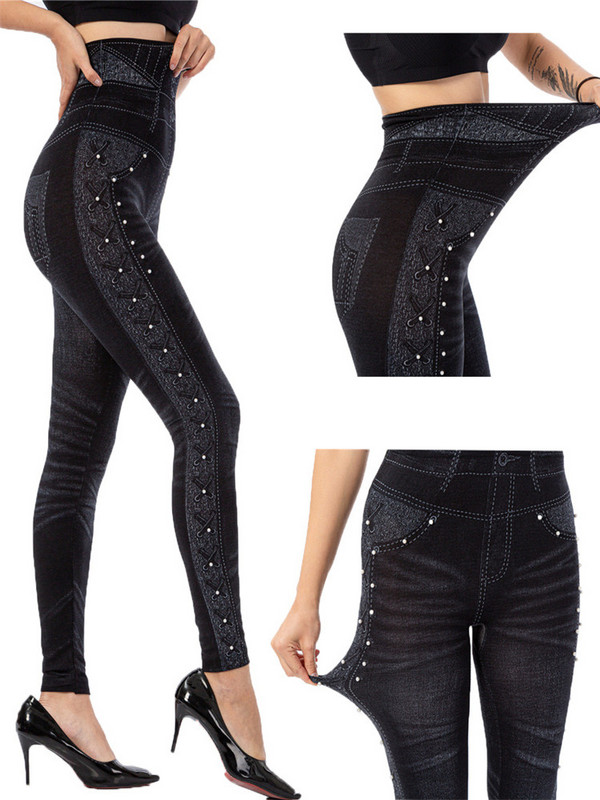 INDJXND Джегинси от изкуствен деним Клинове с щампи Тънки еластични безшевни тесни панталони тип молив Женски плетени панталони за тренировка за бягане с дължина до глезена