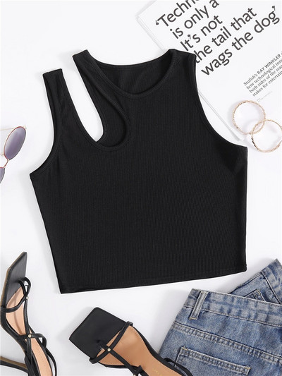 High Street Cut Out Rib Knit Crop Top για Γυναικεία Summer Grunge Punk Αμάνικο ασύμμετρο λαιμό Tank Top Streetwear Y2K Ρούχα