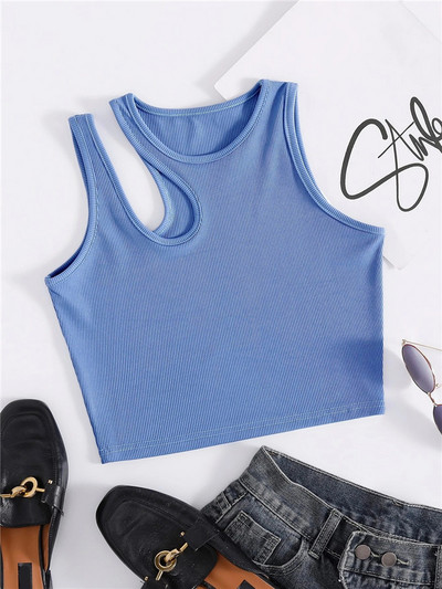 High Street Cut Out Rib Knit Crop Top για Γυναικεία Summer Grunge Punk Αμάνικο ασύμμετρο λαιμό Tank Top Streetwear Y2K Ρούχα