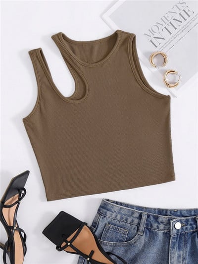 High Street Cut Out Rib Knit Crop Top για Γυναικεία Summer Grunge Punk Αμάνικο ασύμμετρο λαιμό Tank Top Streetwear Y2K Ρούχα