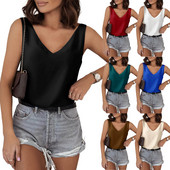 Αμάνικα πουκάμισα Satin Silk Tank Tops για Γυναικεία Πουκάμισο με λαιμό V λαιμόκοψη Μεταξωτό πουκάμισο Καλοκαιρινό σατέν Μπλούζα Basic Camisole Κομψή κυρία γραφείου