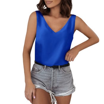 Αμάνικα πουκάμισα Satin Silk Tank Tops για Γυναικεία Πουκάμισο με λαιμό V λαιμόκοψη Μεταξωτό πουκάμισο Καλοκαιρινό σατέν Μπλούζα Basic Camisole Κομψή κυρία γραφείου