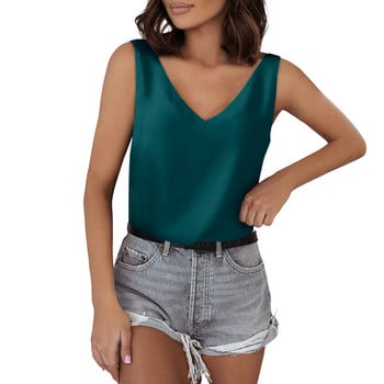 Αμάνικα πουκάμισα Satin Silk Tank Tops για Γυναικεία Πουκάμισο με λαιμό V λαιμόκοψη Μεταξωτό πουκάμισο Καλοκαιρινό σατέν Μπλούζα Basic Camisole Κομψή κυρία γραφείου