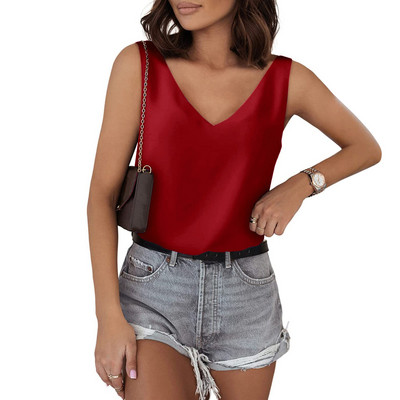 Αμάνικα πουκάμισα Satin Silk Tank Tops για Γυναικεία Πουκάμισο με λαιμό V λαιμόκοψη Μεταξωτό πουκάμισο Καλοκαιρινό σατέν Μπλούζα Basic Camisole Κομψή κυρία γραφείου