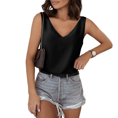 Αμάνικα πουκάμισα Satin Silk Tank Tops για Γυναικεία Πουκάμισο με λαιμό V λαιμόκοψη Μεταξωτό πουκάμισο Καλοκαιρινό σατέν Μπλούζα Basic Camisole Κομψή κυρία γραφείου