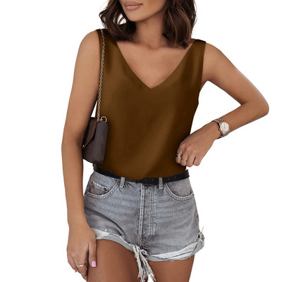 Αμάνικα πουκάμισα Satin Silk Tank Tops για Γυναικεία Πουκάμισο με λαιμό V λαιμόκοψη Μεταξωτό πουκάμισο Καλοκαιρινό σατέν Μπλούζα Basic Camisole Κομψή κυρία γραφείου