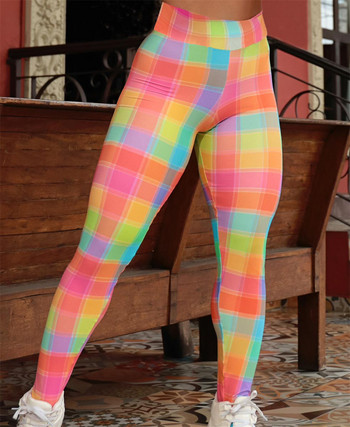 FCCEXIO 2022 Color Grid 3D Print Дамски панталони Push Up Спортни клинове за бягане Тънки панталони Дамски ежедневни панталони Фитнес клин