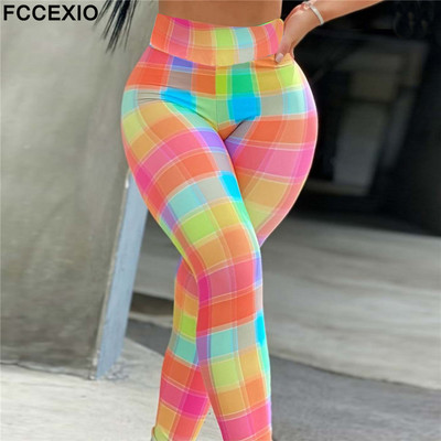 FCCEXIO 2022 Color Grid 3D Print Femei Pantaloni Push Up Running Leggings Sport Pantaloni subțiri Femei Casual Pantaloni Fitness Legging