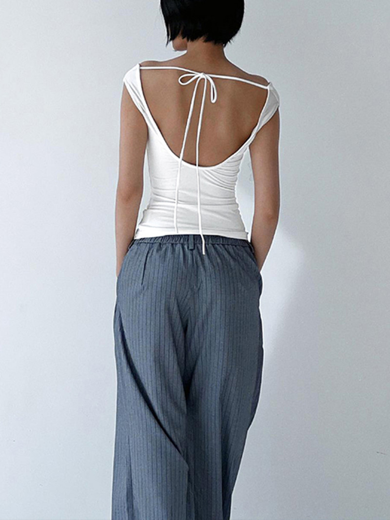 Sieviešu vasaras ikdienas ikdienas topi ar īsām piedurknēm vienkrāsaini, no pleciem, laivas kakla, bez aizmugures, šauri pieguļoši topi ielas apģērbs