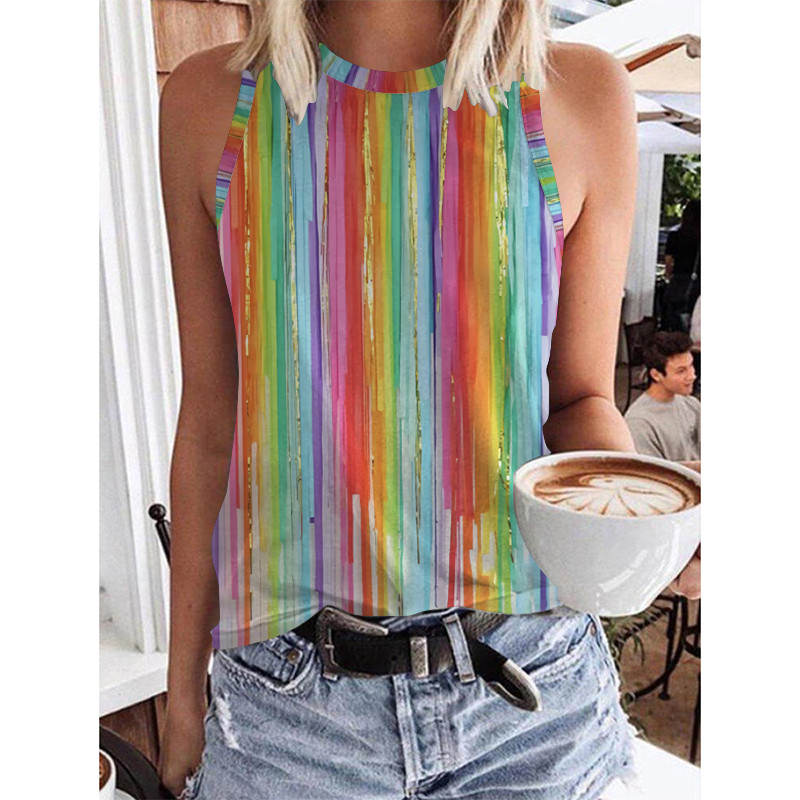 Kanchiii pieguļošs sieviešu tops dizains personalizēts krāsu mozaīkas apdruka Street veste top o-kakla vasaras modes jauna veste