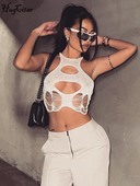 Hugcitar Knitted Solid Hollow Out Hole See Through Sexy Crop Tank Top 2023 Καλοκαιρινή γυναικεία μόδα Streetwear Club Grunge Ρούχα