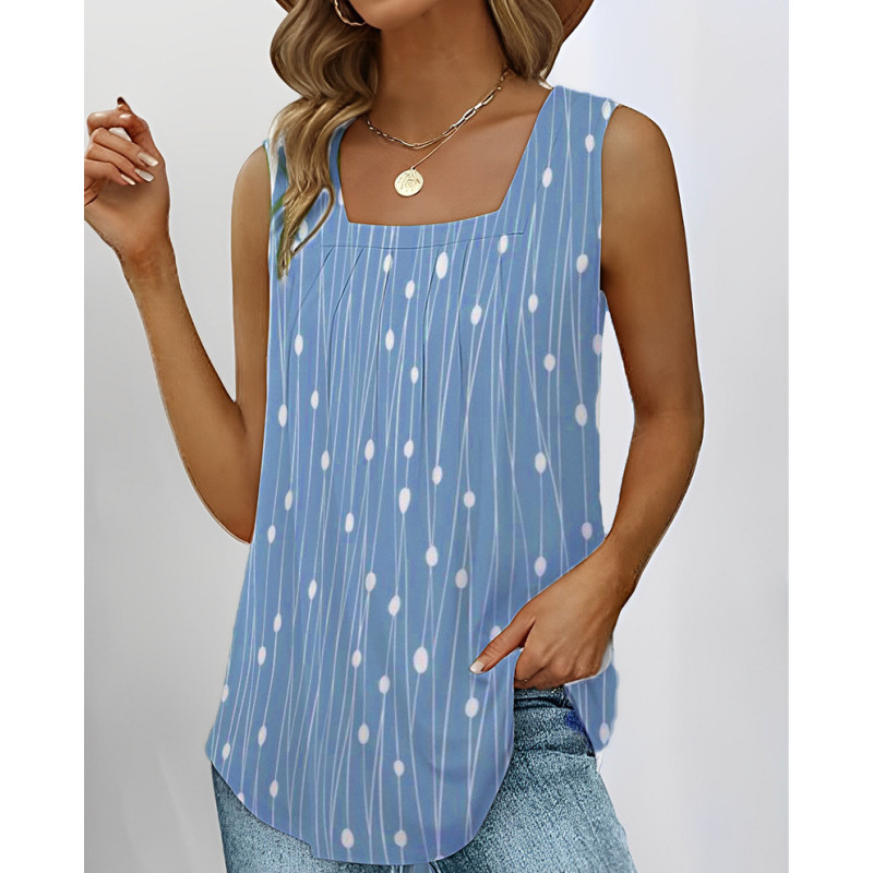 Punktveida apdruka bez piedurknēm sieviešu gadījuma brīva kvadrātveida kakla veste 2023. gada vasaras modes ielas stila lielizmēra T-krekls S-5XL