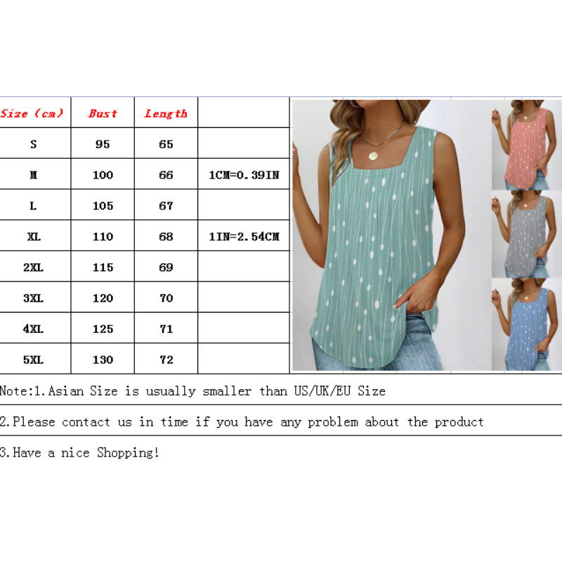 Punktveida apdruka bez piedurknēm sieviešu gadījuma brīva kvadrātveida kakla veste 2023. gada vasaras modes ielas stila lielizmēra T-krekls S-5XL