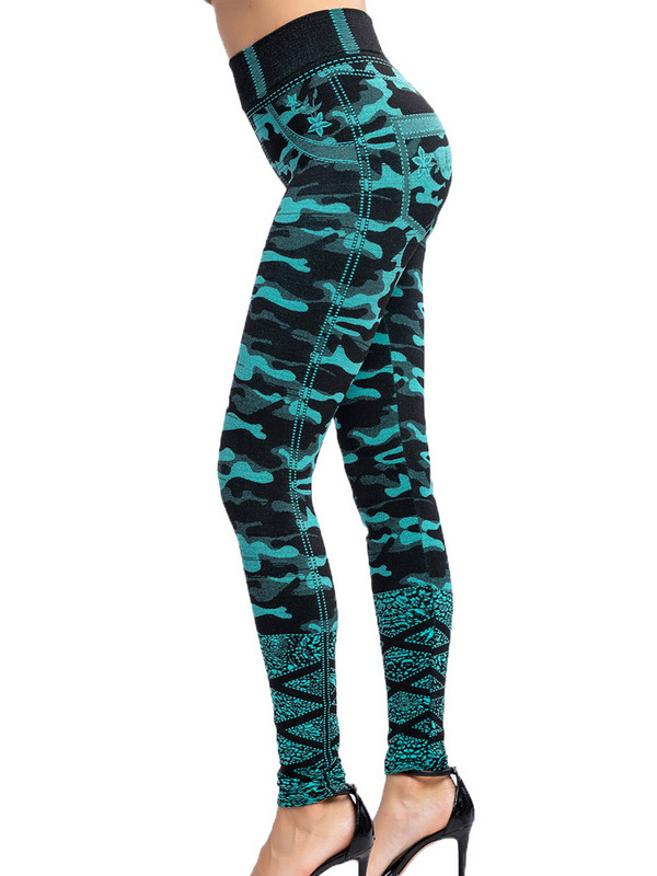 CUHAKCI Камуфлажен щампован клин Дамски безшевен деним Спортен чорапогащник с висока талия Тренировка Фитнес Еластични панталони Разтегливи джегинси