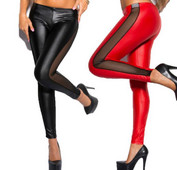 Woman Jeggings Σέξι πλαϊνό πλέγμα μέσα από απομίμηση κρέατος Κολάν απομίμησης δέρματος ραφής Woman Jeggings L1090