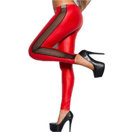 Woman Jeggings Σέξι πλαϊνό πλέγμα μέσα από απομίμηση κρέατος Κολάν απομίμησης δέρματος ραφής Woman Jeggings L1090