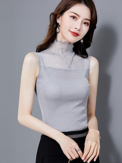 Γυαλιστερό Lurex δαντέλα με διάφανο πλέγμα Casual καλοκαιρινές γυναικείες φανελάκια 2023 μονόχρωμο αμάνικο πουκάμισο καμίζα Γυναικείο λεπτό μαύρο
