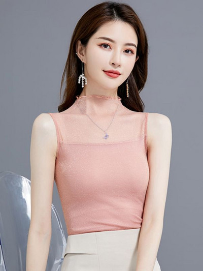 Γυαλιστερό Lurex δαντέλα με διάφανο πλέγμα Casual καλοκαιρινές γυναικείες φανελάκια 2023 μονόχρωμο αμάνικο πουκάμισο καμίζα Γυναικείο λεπτό μαύρο