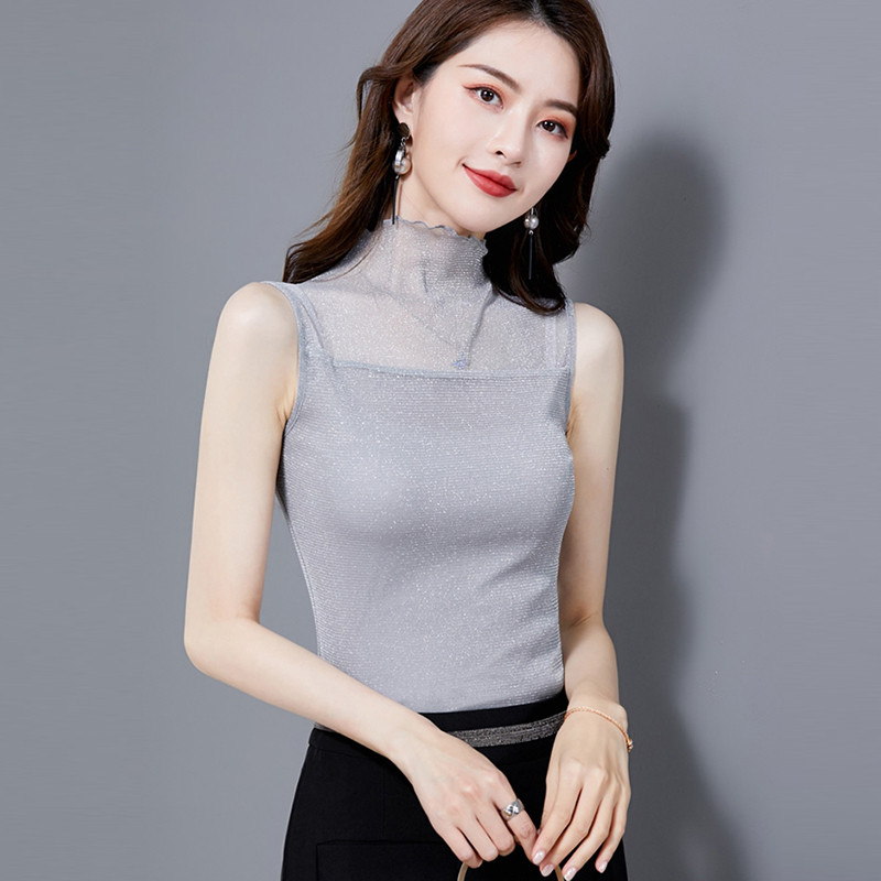 Spīdīgs Lurex Mežģīnes Caurspīdīgs Acs ikdienas Vasaras Sieviešu Topi 2023 Vienkrāsains Bezpiedurkņu krekls Kamizols Sieviešu Slim Melns