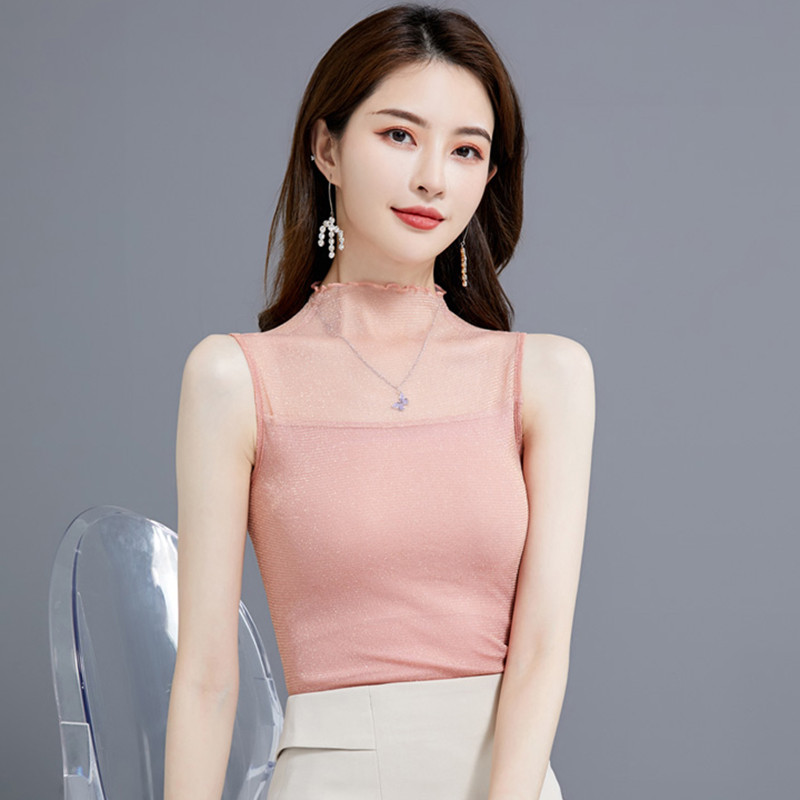 Spīdīgs Lurex Mežģīnes Caurspīdīgs Acs ikdienas Vasaras Sieviešu Topi 2023 Vienkrāsains Bezpiedurkņu krekls Kamizols Sieviešu Slim Melns