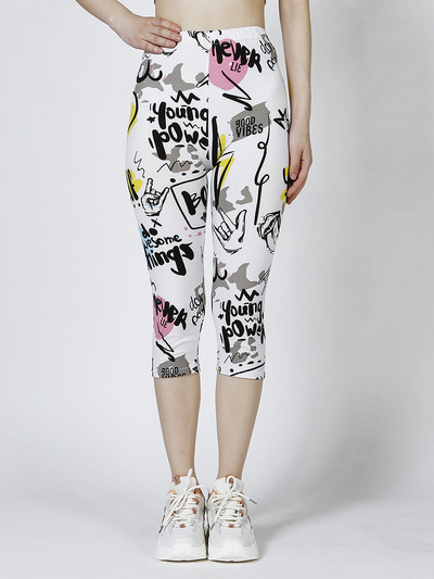 CUHAKCI Summer Printing Γυναικεία κολάν Cropped Παντελόνι Casual Stretched Graffiti Γραβάτα Βαμμένο Ελαστικό Κάπρι