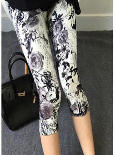 CUHAKCI Summer Printing Γυναικεία κολάν Cropped Παντελόνι Casual Stretched Graffiti Γραβάτα Βαμμένο Ελαστικό Κάπρι