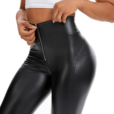Ψηλόμεσο φερμουάρ Pu κολάν για γυναίκες Μαύρο Push Up Leggins Lady Sexy Booty Stretch Slim αθλητικό παντελόνι Pu δερμάτινο κολάν Γυναικείο