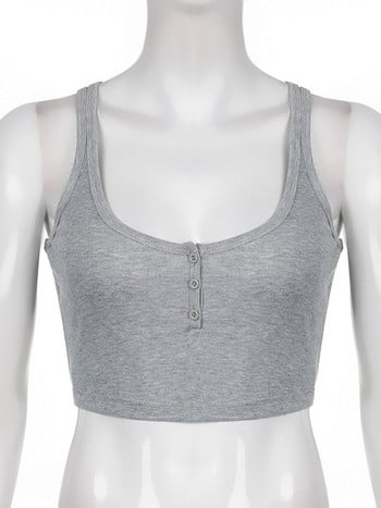 Χαμηλής κοπής Basic Crop Tank Tops Κουμπιά Αμάνικα Casual Κορεάτικα καλοκαιρινά Camis Tee Streetwear Harajuku Lady Κορεάτικη στολή