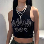 Cyber Y2K Rhinestone Tank Tops Μαύρα πλεκτά Crop Εκτύπωση Streetwear Gothic γυναικεία ρούχα Grunge πανκ γιλέκο Σέξι μπλουζάκι κορσέ