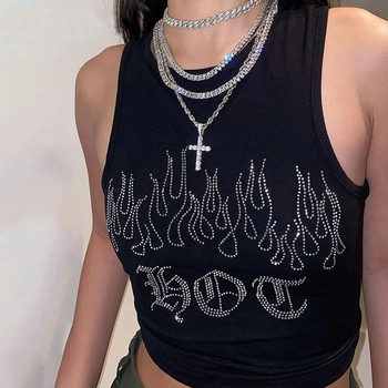 Cyber Y2K Rhinestone Tank Tops Μαύρα πλεκτά Crop Εκτύπωση Streetwear Gothic γυναικεία ρούχα Grunge πανκ γιλέκο Σέξι μπλουζάκι κορσέ