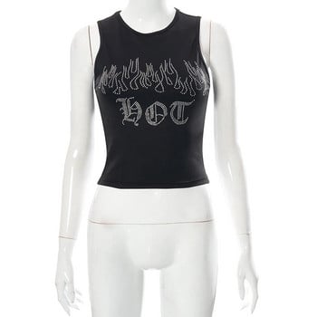 Cyber Y2K Rhinestone Tank Tops Μαύρα πλεκτά Crop Εκτύπωση Streetwear Gothic γυναικεία ρούχα Grunge πανκ γιλέκο Σέξι μπλουζάκι κορσέ