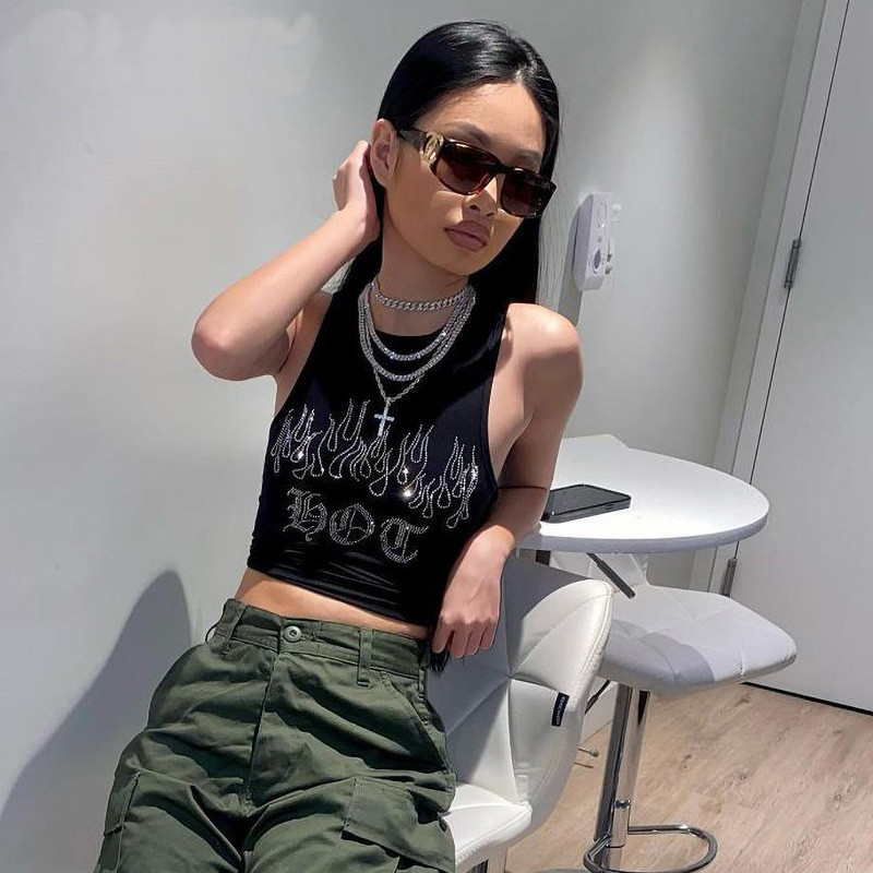 Cyber Y2K Rhinestone topi, melni, trikotāžas, apdruka, ielu apģērbi, gotikas sieviešu grunge apģērbi, panku veste, seksīga korsetes t-ī